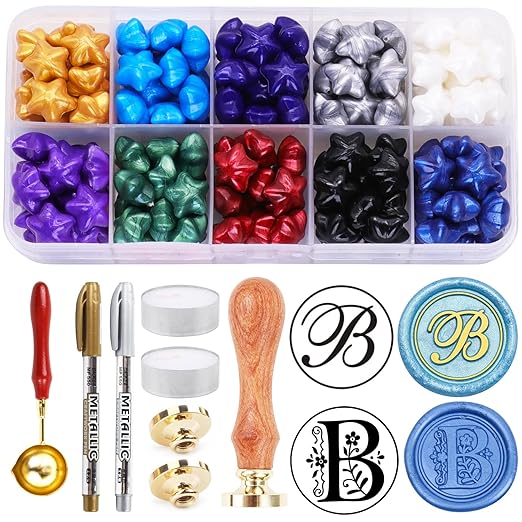 Letter Wax Seal Stamp Kits, 200pcs Assorted Sealing Beads and 2pcs Initial Alphabet B Wax Seal Kits for Wedding Invitations Gift Wraps Envelopes and Christmas Cards (Alphabet B Kit)