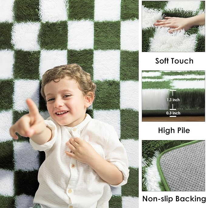 KICMOR Area Rugs for Bedroom Living Room, 4x6 Soft Fluffy Olive Green and White Checkered Shag Rug Fuzzy Shaggy Plush Bedside Carpet, Non-Slip Indoor Floor Rug for Boys Girls Room Nursery Home Decor