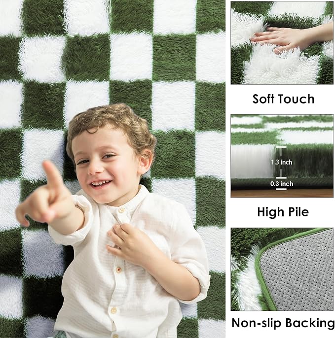 KICMOR 8x10 Area Rugs for Living Room, Large Soft Fluffy Checkered Big Fuzzy Shag Shaggy Bedroom Carpet, Olive Green and White Plush Floor Rug for Kids Boys Girls Dorm Nursery Home Decor Aesthetic
