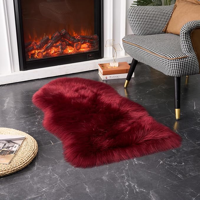 EasyJoy Ultra Soft Fluffy Shaggy Area Rug Faux Fur Rug Chair Cover Seat Pad Fuzzy Area Rug for Bedroom Floor Sofa Living Room (2 x 4 ft Sheepskin, Burgundy)