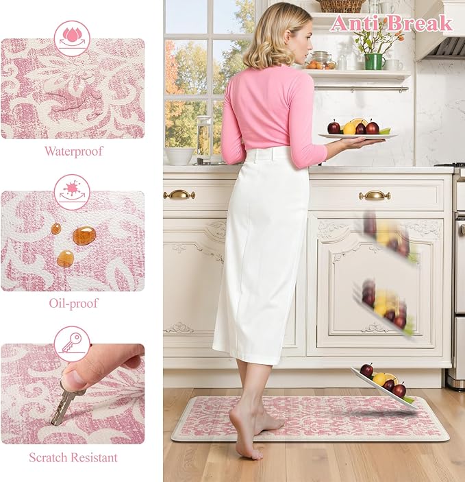 LEEVAN Pink Kitchen Mat Sets of 2, Vintage Distressed Anti Fatigue Memory Foam Kitchen Floor Mat for Laundry,Non Slip Cushioned Standing Mat for Home, Office, Desk,Sink(17''x29''+17''x47'')