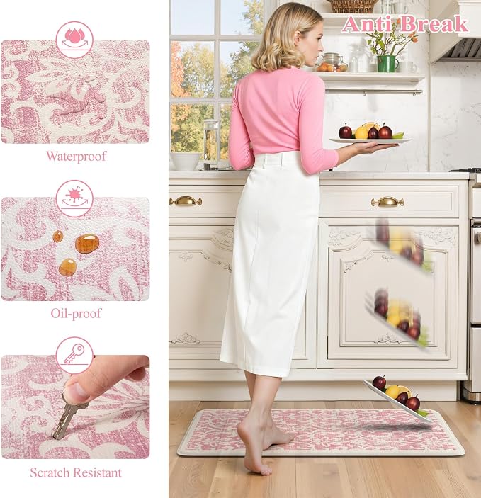 LEEVAN Anti Fatigue Kitchen Mats for Floor, Cushioned Kitchen Mat Set 2PCS | 17.3"x29"+17.3"x59", Vintage Floral Pink Kitchen Rugs Non-Slip, Waterproof Ergonomic Standing Mats for Laundry, Office & Sink