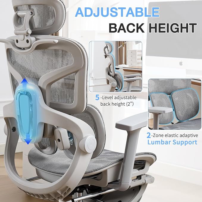 Ergonomic Mesh Office Chair with 2-Zone Lumbar Support and Footrest,Grey | Big and Tall, 400LBS, Adjustable Seat Depth, 4D Headrest, 4D Armrests Swivel Executive Chair for Home Office
