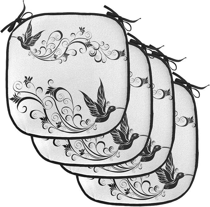 Lunarable Hummingbirds Chair Cushion Pads Set of 4, Tattoo Art Style Hummingbird Silhouette Wildlife Curvy Stems Blooms Imagery, Anti-Slip Seat Padding for Kitchen & Patio, 16"x16", White Black