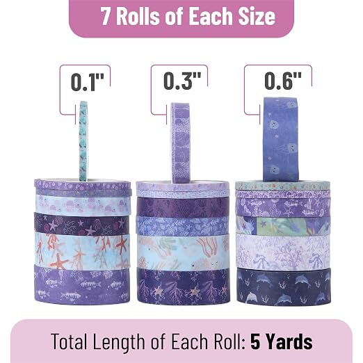 Mr. Pen- Washi Tape Set, 21 Rolls, Assorted Sizes, 5 Yards/Roll | Washi Tape for Scrapbook, Arts, Crafts, Journals and Planners, Tide & Bloom Design