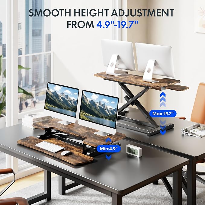 FLEXISPOT 36" Electric Standing Desk Converter, Motorized Sit to Stand Desk Riser, Height Adjustable Desktop Dual Monitor Workstation with Large Keyboard Tray, Rustic Color