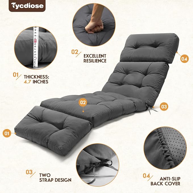 Outdoor Chaise Lounge Chair Cushion Waterproof 74.4 x 22 x 4.7 Inches Memory Foam Lounge Chair Cushions Replacement for Outdoor Furniture with Ties, Thickened Pool Lounge Chair Cushions, Grey