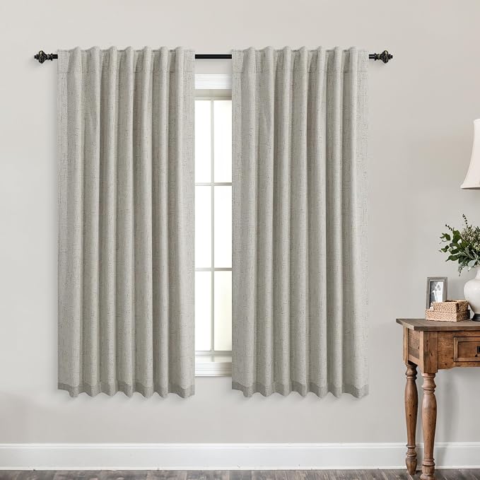 KOUFALL Taupe Back Tab Linen Blackout Curtains for Living Room 52 by 54 Inch Length
