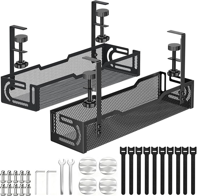 2Pack Under Desk Cable Management Tray, No Drill Mesh Desk Cable Tray | Wire Management Tray Cable Management Rack, Cord Organizer and Cable Management Box (Black)