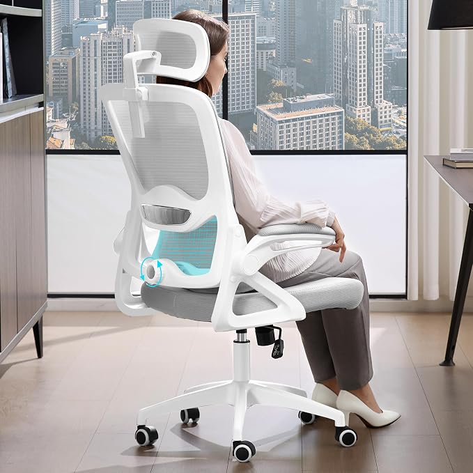 Ergonomic Office Chair,Mesh Office Chair with Lumbar Support,High Back Desk Chair with Flip-up Arms,400 lbs Big and Tall Computer Chair with Headrest,Comfy Desk Chairs (Light Grey)