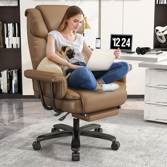 GYI 160 Reclining Office Chair with Footrest, Big & Tall Desk Chair, Brown | Cross Legged Seat, High Back, Faux Leather, Heavy Duty Base, Adjustable Height, for Home, Executive