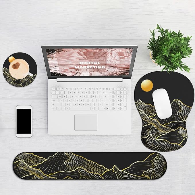 Ergonomic Mouse Pad with Wrist Rest and Keyboard Wrist Rest, Gel Mousepad and Wrist Rest for Computer Keyboard, Pain Relief, Non-Slip PU Base, Black Mouse Pad with Wrist Support for Gaming, Mountain