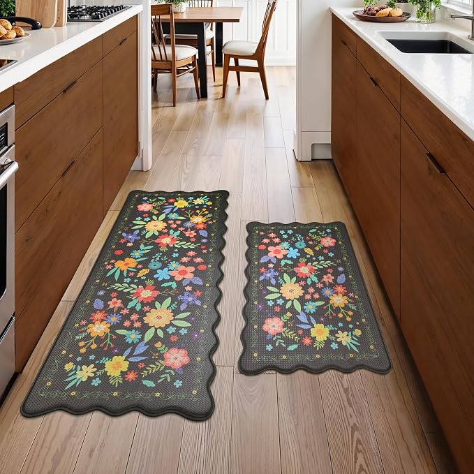 GENIMO Anti Fatigue Kitchen Mats for Floor 2PCS, Cushioned Standing Mats | 17.3"x47"&17.3"x30", Mix Black vintage floral rug set, waterproof, non slip, easy-clean for farmhouse