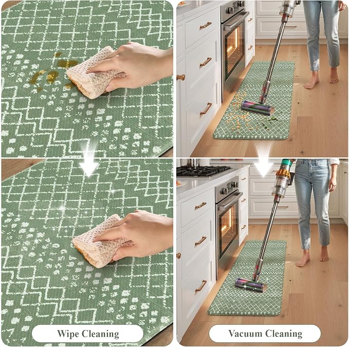 KIMODE Kitchen Mats for Floor Anti Fatigue Green Boho Kitchen Rugs Sets of 2 Cushioned Kitchen Floor Mats Comfort Standing Mat Geometric Laundry Room Rug for Bathroom Sink Office Desk 17"x47"+17"x29"