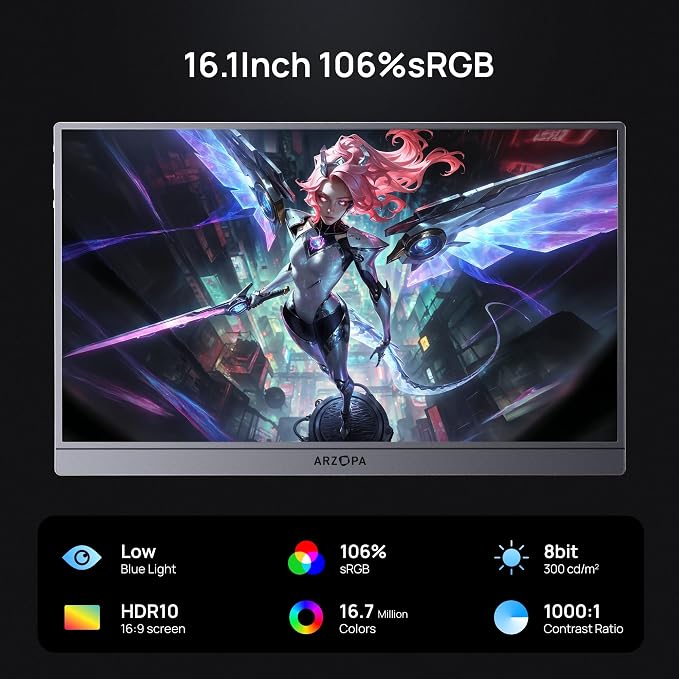 ARZOPA 16.1'' 144Hz Portable Gaming Monitor, 106% sRGB 1080P FHD Kickstand Portable Monitor with HDR, Ultra Slim, Eye Care, External Second Screen for Laptop, PC, PS5, Mac, Xbox-Z1FC Gray