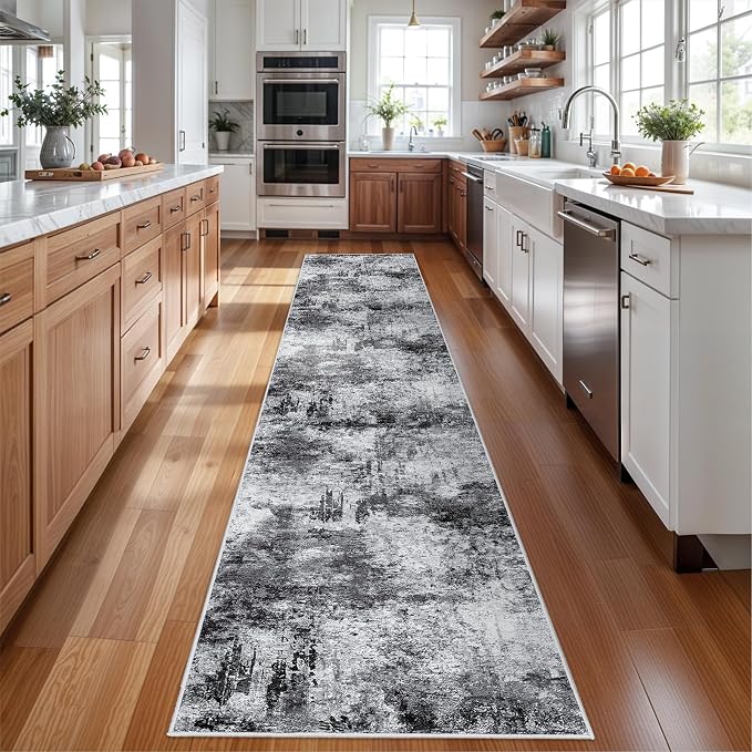 3x14 ft Long Hallway Runner Rug: Modern Abstract Washable Non-Slip Kitchen Runner Wide Throw Indoor Carpet for Entryway Bedroom - Ultra Soft Low-Pile Thin Floor Mat for Home Decor (3x14 Black-A)