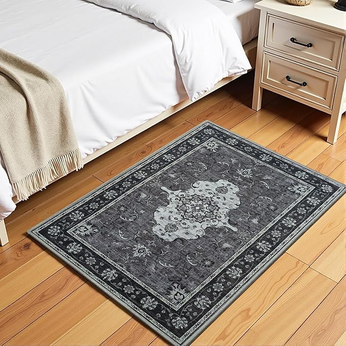2x3 Front Door Rug,Vintage Washable Area Rugs for Entryway, Non Slip Small Indoor Floor Carpet, Print Black/Grey Door Mat, Soft Low Pile Carpets for Entrance Kitchen Bedroom Bathroom