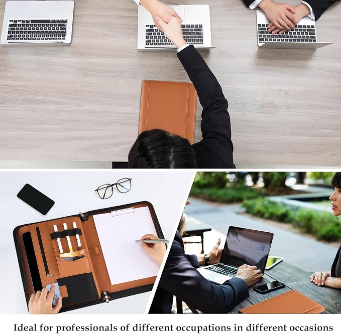 ProCase Portfolio Business Padfolio Folder with Zipper, Conference Meeting Executive File Legal Document Organizer with Pockets Letter Size A4 Writing Pad Notepad Padfolio -Tan