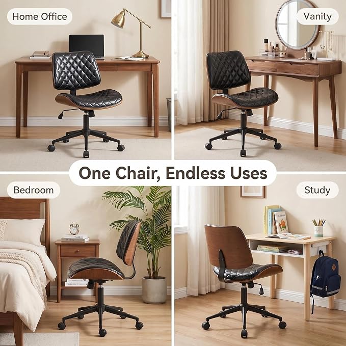 Furnimart Wooden Armless Desk Chair with Wheels, 360° Swivel Faux Leather Vanity Chair for Bedroom, Small Office Computer Task Chair for Home & Compact Spaces (PU Black)
