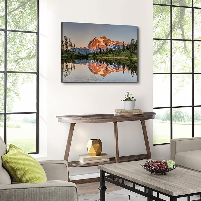 National Park Scenery Canvas Wall Art for Living Room, Sunset Nature Mountain Landscape Prints Picture Decor 24x36" Mount Baker Forest Lake Reflection Modern Painting Framed Artwork Bedroom Decoration