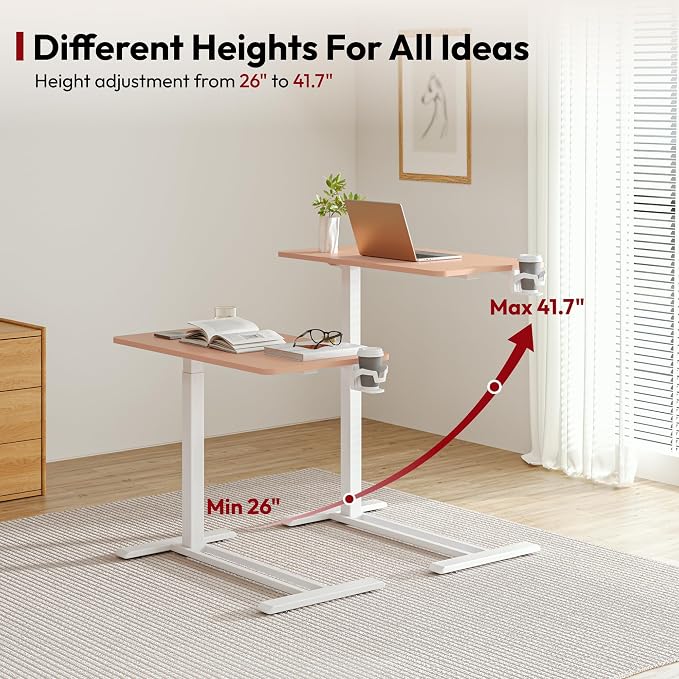 SANODESK 28''Mobile Standing Desk with Hidden Wheels,Pneumatic Laptop Desk | Sofa Computer Cart Movable Height Adjustable Table Small Sit Stand Desk for Home Office Hospital Use,27.6" W x 15.7" D,Pink