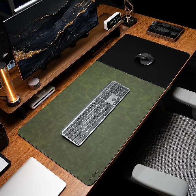HAUTOCO Cork Desk Mat 31.5"x15.7", Distressed PU Leather & Cloth Desk Pad | Waterproof, Non-Slip, Stitched Edges, Dark Green Large Gaming Mouse Pad, Laptop Blotter & Desk Protector for Office and Home