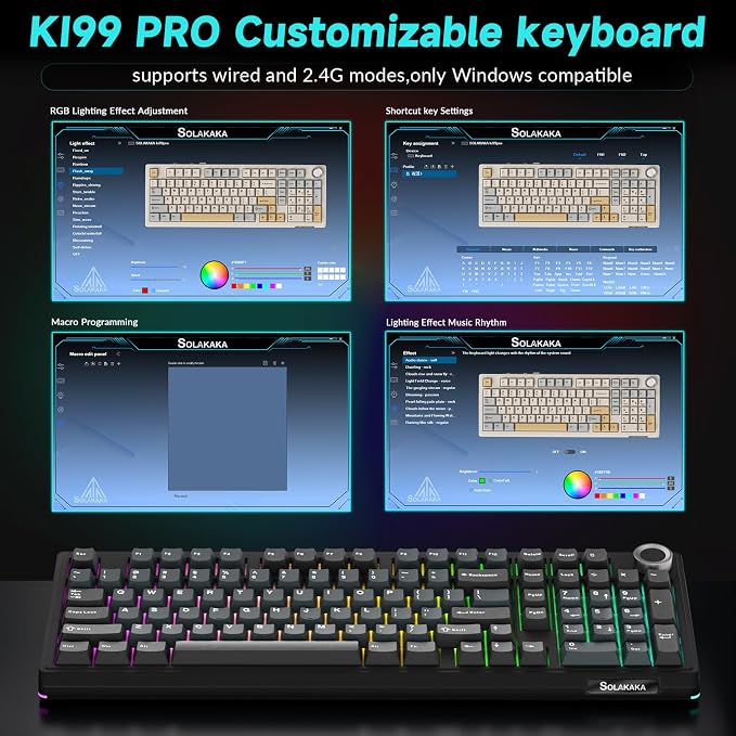 SOLAKAKA KI99 Pro Wireless Mechanical Keyboard with Quiet Switch, Hot Swappable Pre-Lubed Switches with RGB Backlit, Gasket Structure Computer Gaming Keyboard (BlackBlue, Silent Switch)