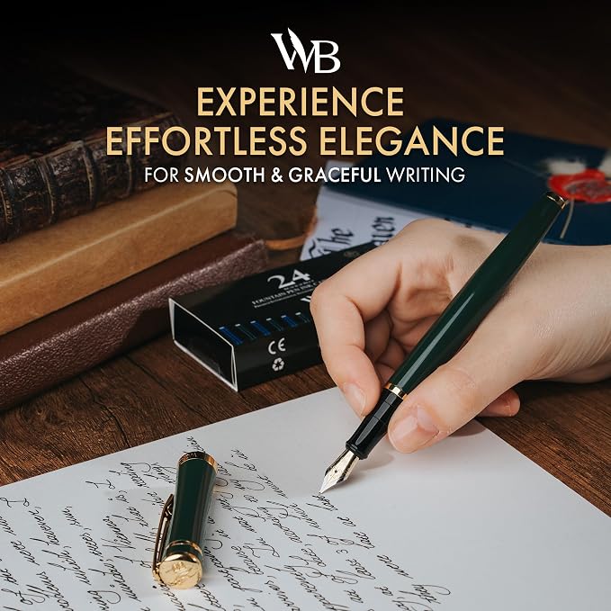 Wordsworth & Black Fountain Pen Set, 18K Gilded Fine Nib, Includes 24 Pack Ink Cartridges, Ink Refill Converter & Gift Box, Gold Finish, Calligraphy, [Racing Green], Perfect for Men & Women