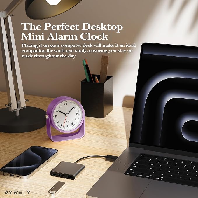 AYRELY® 3.5" Small Analog Travel Alarm Clock, Battery Operated Desk Clock | Cute Table Clock with Light, Adjustable Angle, Bedside, Bedrooms, Kids' Rooms and Living Room Decor (Purple)