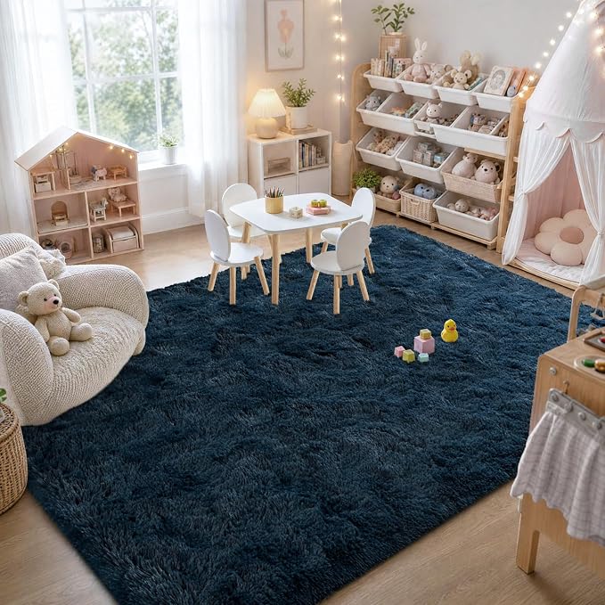 Zentavio Blue Rug Boys Rugs for Bedroom 4x6 Dark Blue Carpet Nursery Aesthetic Kids Playroom Navy Area Rugs for Teen Home Decor Fluffy Shag Bedside Floor Living Room Carpet