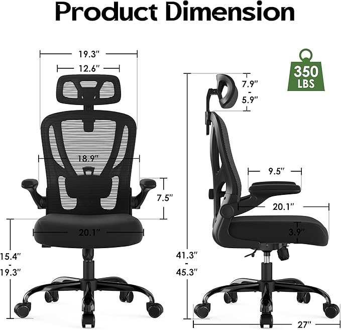 Office Chair Ergonomic Desk Chair - Mesh High Back Office Chair with Headrests Wheels Lumbar Support Home Desk Office Chairs Flip up Armrest Executive Rolling Computer Chair Black 8 Pack