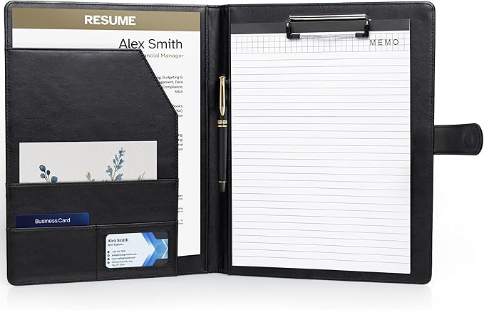 Professional Padfolio with Notepad Included | Faux Leather Portfolio Folder with Clipboard, Resume Folder, Legal Pad Holder, Business Card Holder | A4 Letter Size | Black