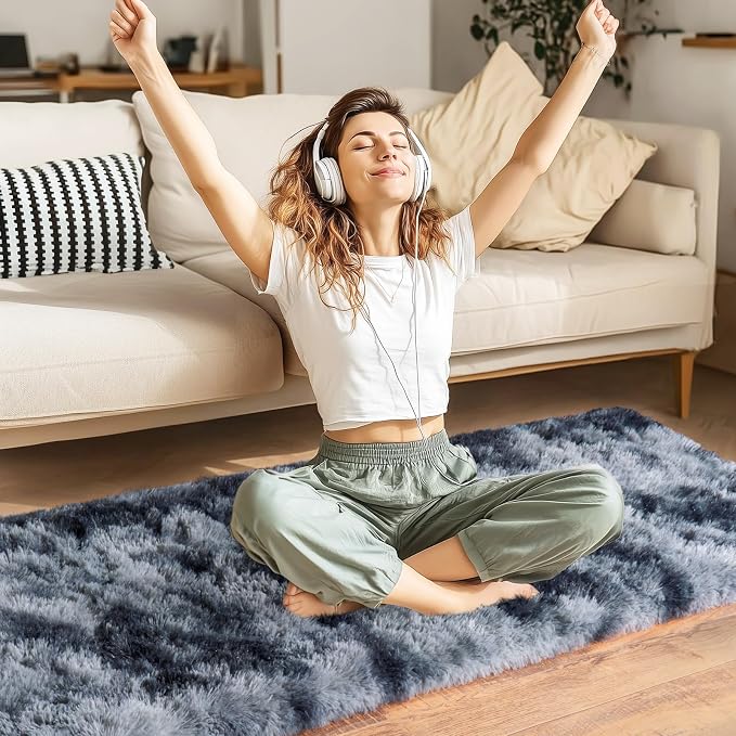 Fluffy Soft Runner Rug for Bedroom Hallways, 2x6 Area Rugs for Living Room, Modern Shaggy Carpets Fuzzy Rug for Boys Girls Dorm Nursery Home Decor, Upgrade Non-Slip Durable, Tie-Dyed Blue Grey