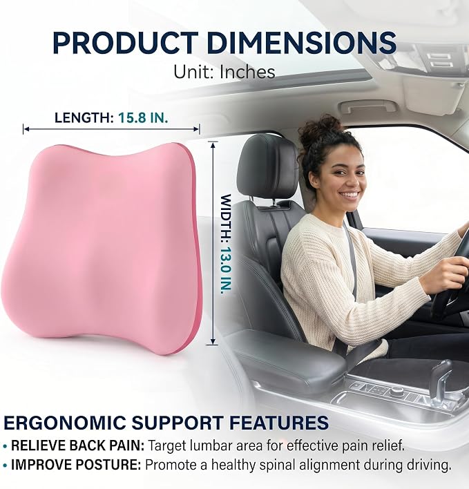 Lumbar Support Pillow, Ergonomic Memory Foam Back Cushion for Car Office Chair Gaming Chair, Washable Cool-Touch Cover for Lower Back Support (Pink)