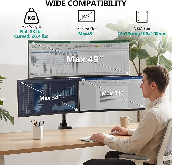 WALI Stacked Triple Monitor Mount for 49" UItrawides and Dual 34" Monitors | Heavy Duty 3 Monitor Arm up to 33 lbs, Full Motion with Tilt, Swivel, Rotation, C-Clamp & Grommet Base, VESA 75/100mm, Black