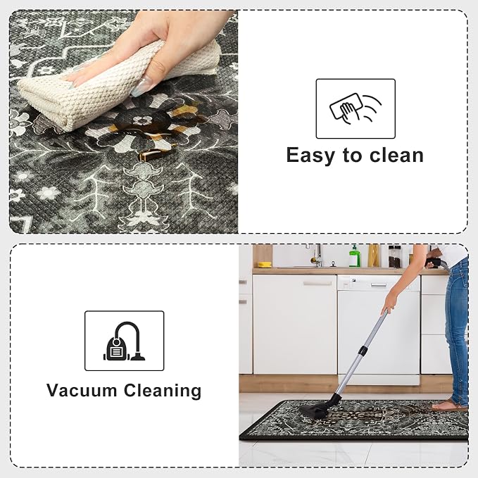 KIMODE Anti Fatigue Kitchen Mat Cushioned, Boho Kitchen Rugs Sets of 2 | Non Slip Memory Foam Kitchen Mat for Floor, Distressed Standing Desk Mat for Laundry Office Sink 17.3"x29"+17.3"x59" Black