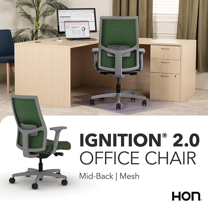 HON Ignition 2.0 Mid Back Task Chair, Spectrum Mesh, Advanced Synchro-Tilt Control, Office Chair with Lumbar Support, Height and Width Adjustable Arms, Titanium Frame, Leaf