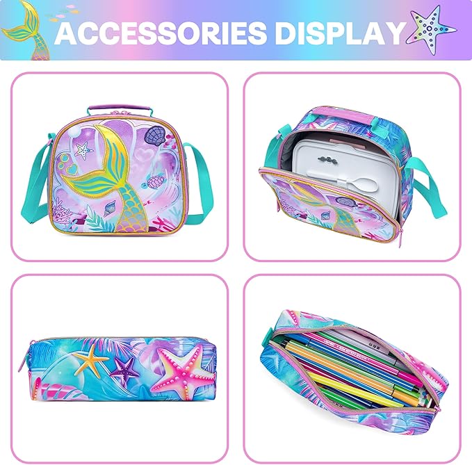 Meetbelify Mermaid Backpacks for Girls School Bag Cute Girls Backpacks Ages 8-10 with Lunch Box Kids Bookbag Set Travel Backpack for Elementary Students Backpack to School Supplies