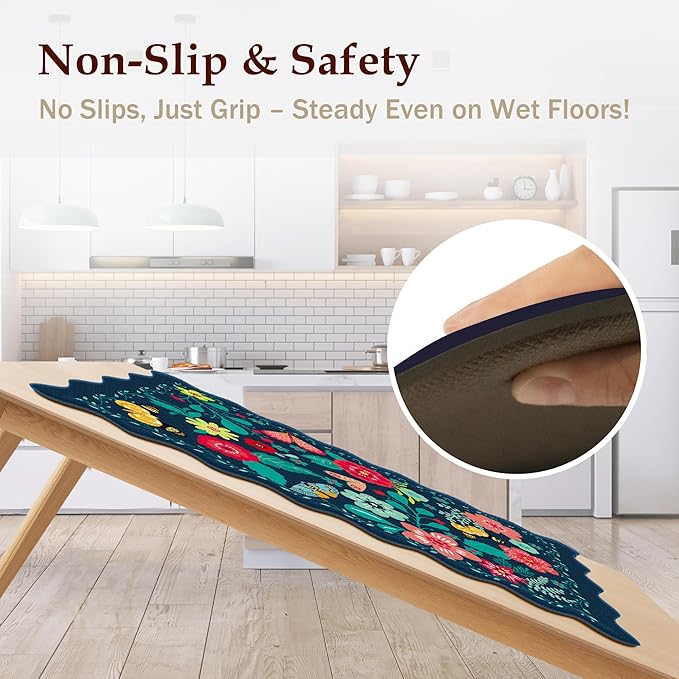 Scalloped Kitchen Mats for Floor 2PC Cushioned Anti Fatigue Kitchen Mats Rugs Waterproof Non Slip Farmhouse Boho Floral Comfort Foam Standing Mat for Sink Laundry, Navy