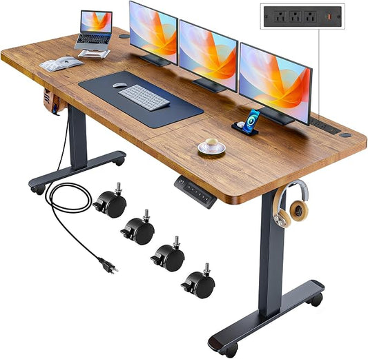 70'' x 27'' Electric Standing Desk Adjustable Height with Charging Station, Wheels, 2 USB Ports, 3 Power Outlets, 27''-46'' Lifting Range Stand up Desk for Home Office(Brown)