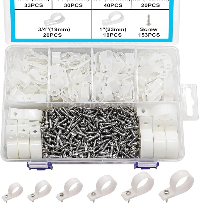 TWTADE 306PCS White Cable Clamps Assortment Kit, Nylon Plastic R-Type 6 Sizes 3/16'' 1/4'' 3/8'' 1/2'' 3/4'' 1'' Cable Mounting Wire Clips Fastener with Screws for Wire Management