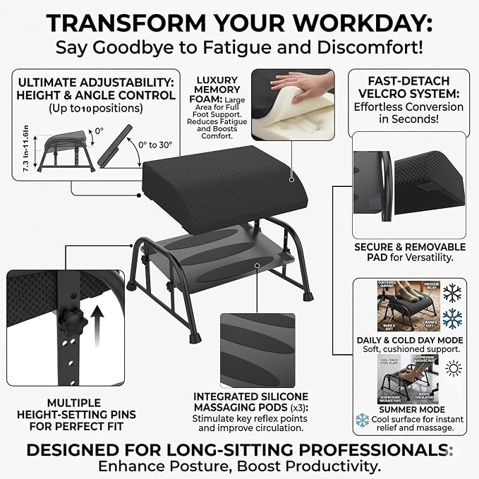 10-Level Adjustable Under Desk Footrest, XL Black Metal Frame | Ergonomic under desk leg rest or desk foot rest. Home computer heavy duty office chair foot stool for gamers,work(Black Plus)