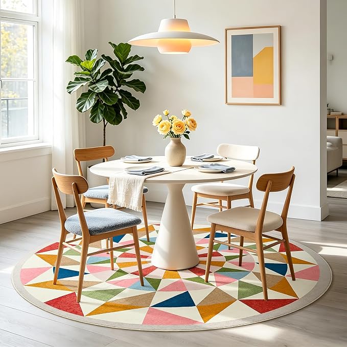 Terrug Multicolored Geometric Round Rug 5ft for Kids Room, Soft Non-Slip Washable Circle Play Mat for Nursery Bedroom Playroom, Bright Sunburst Area Rugs for Home Office