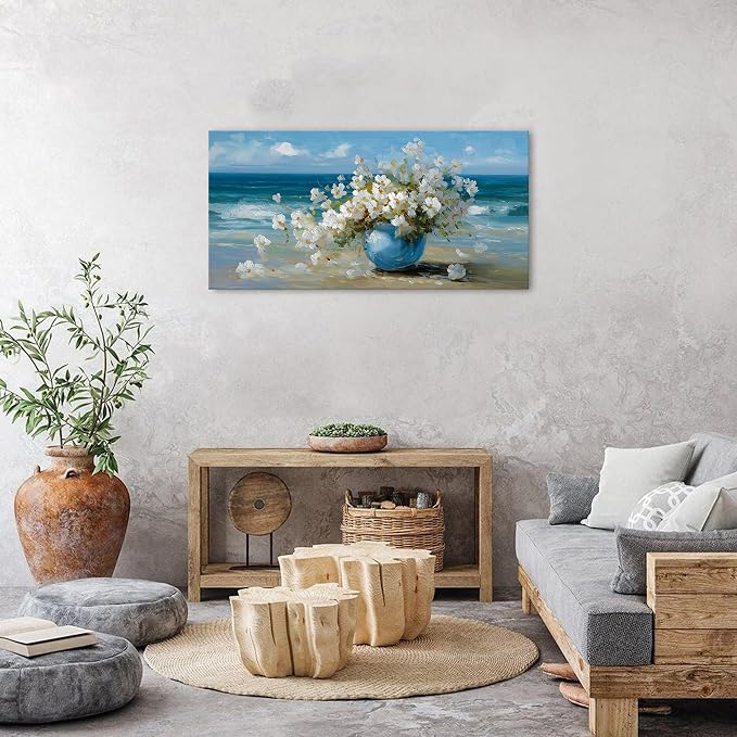 AIYISU Vintage Flowers Canvas Wall Art White Blossom Painting Retro Flowers in Blue Vase Pictures Blue Ocean Coastal Landscape Prints Poster Floral Artwork for Bathroom Bedroom Home Decoration 20x40