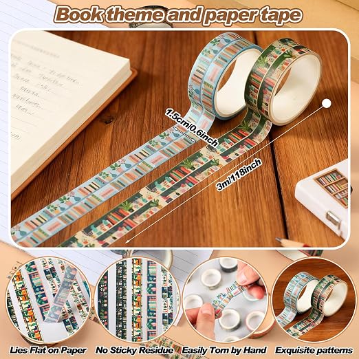24 Rolls Book Washi Tape Gifts Bulk Back to School Bookcase Vintage Washi Tape Stickers for Journaling DIY Crafting Wrapping Gifts Scrapbook Planner for Book Lovers Students Readers Teachers