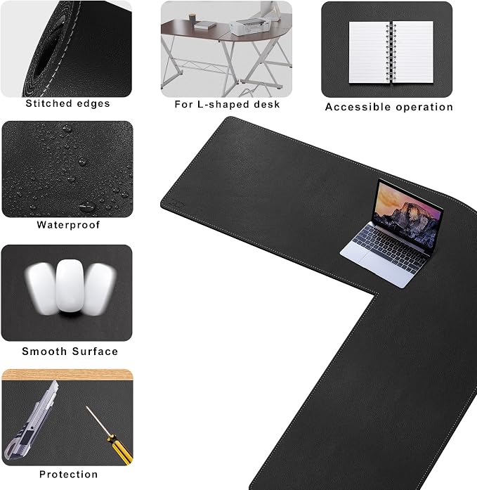 Cacoy 82.7"L x 61.8"L x 23.6"W L-Shaped Desk Mat, 83 Inch PU Leather Large Executive Desk Pad Blotter, Corner Computer Desk Protector for Home Office, L Shaped Gaming Mouse Pad for Corner Desk, Black