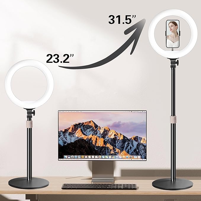 10” Desk Ring Light with Stand, LED Circle Light with Phone Holder for Computer Laptop Zoom Meetings, Video Calls, Streaming, Online Classes, Home Office