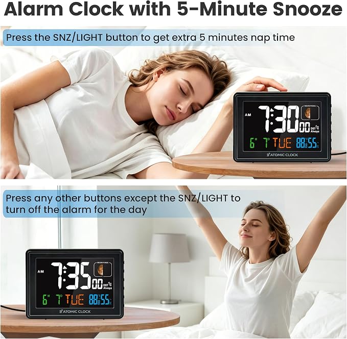 Digital Atomic Alarm Clocks for Bedrooms Battery Backup | Color Display, Self-Setting Clock, Auto DST, Indoor Temperature Humidity, Moon Phase, Calendar, Time, Day of Week, Black