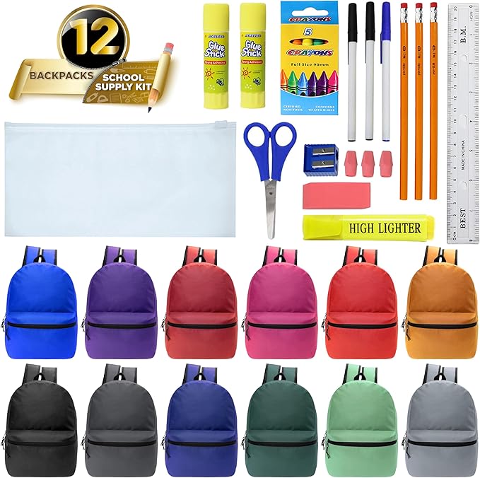Moda West 17 Inch Bulk Backpacks with 22 Piece School Supplies Kits - Pens, Pencils, Crayons - Case of 12 Wholesale Backpacks in 12 Assorted Colors