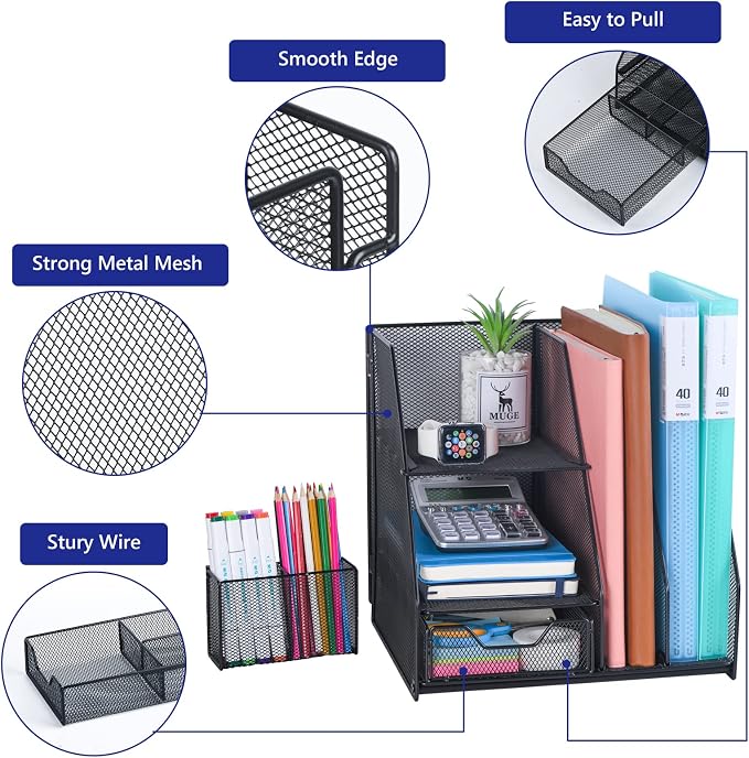 Topwey Desk Organizers and Acceessories for Office School Study | 2-Tier Paper, Letter Tray, 1 Drawer and 2 Pen Holder